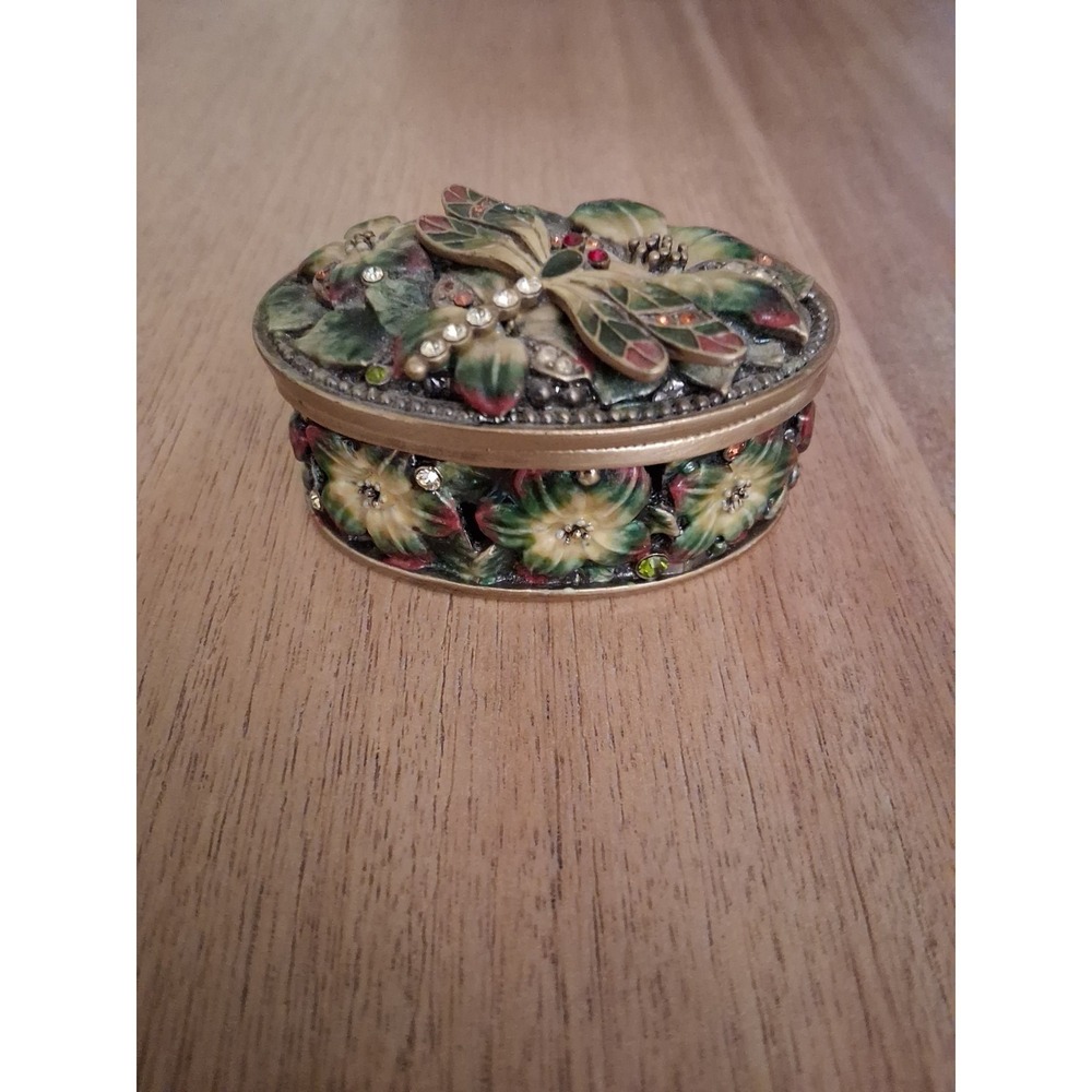 Vintage Enamel Dragonfly Trinket Box With Floral Metal Lid And Magnetic Closure